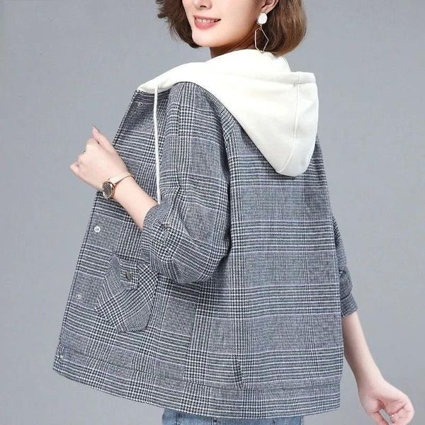 women's jackets 2021 autumn spring short women coat plaid splicing hooded collar warm straight outwear female a184, Black;brown
women's jackets 2021 autumn spring short women coat plaid splicing hooded collar warm straight outwear female a184, Black;brown