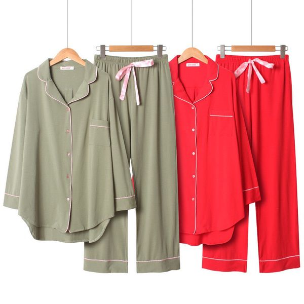 2021 spring and autumn new women solid color simple style pajamas set ladies comfort cotton large size loose homewear for femme, Black;red
2021 spring and autumn new women solid color simple style pajamas set ladies comfort cotton large size loose homewear for femme, Black;red