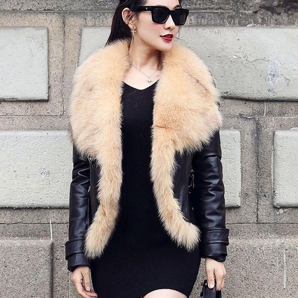 women's fur & faux fad autum winter coat women fashion short natural collar slim sheepskin leather jacket a056, Black
women's fur & faux fad autum winter coat women fashion short natural collar slim sheepskin leather jacket a056, Black