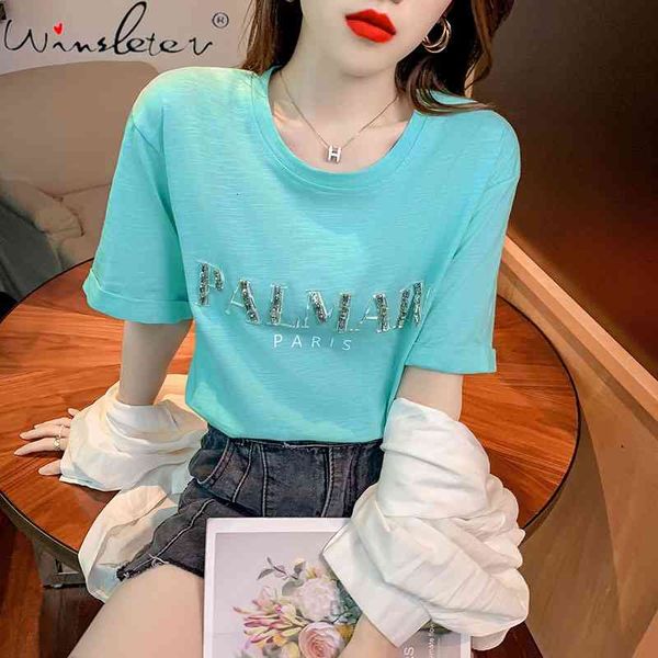 women's t-shirt summer european clothes loose cotton fashion shiny diamonds letter women bottoming shirt casual tees t15919a, White
women's t-shirt summer european clothes loose cotton fashion shiny diamonds letter women bottoming shirt casual tees t15919a, White