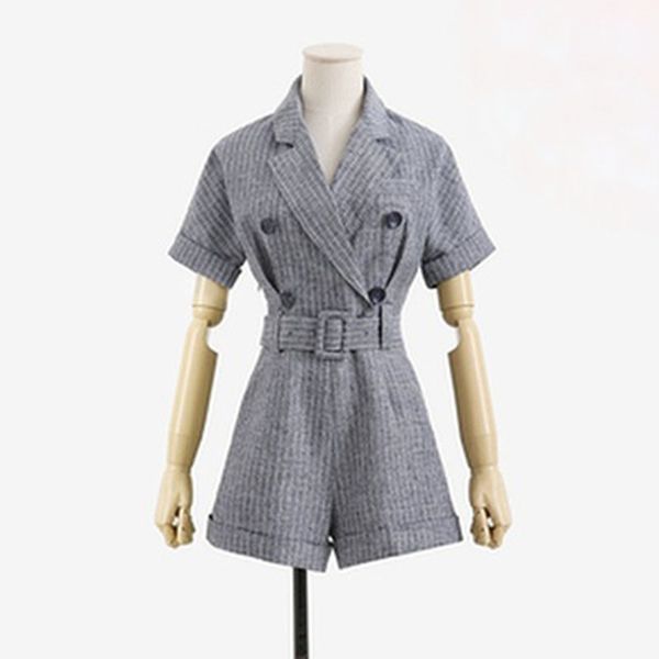 white gray striped turn down collar notch button sash short sleeve playsuits women romper j0064 210514, Black;white
white gray striped turn down collar notch button sash short sleeve playsuits women romper j0064 210514, Black;white