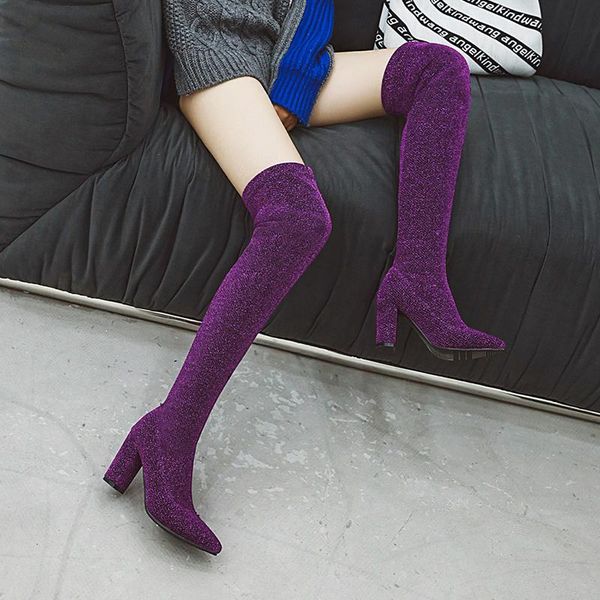 boots 2022 women over the knee sock 8.5cm high heels long winter stretch snow boot block lady thigh purple plus size shoes, Black 
boots 2022 women over the knee sock 8.5cm high heels long winter stretch snow boot block lady thigh purple plus size shoes, Black
