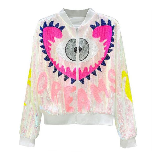 women black gold silver pink multicolor eye letter sequined bomber jacket zipper long sleeve baseball uniform c0373 210514, Black;brown
women black gold silver pink multicolor eye letter sequined bomber jacket zipper long sleeve baseball uniform c0373 210514, Black;brown