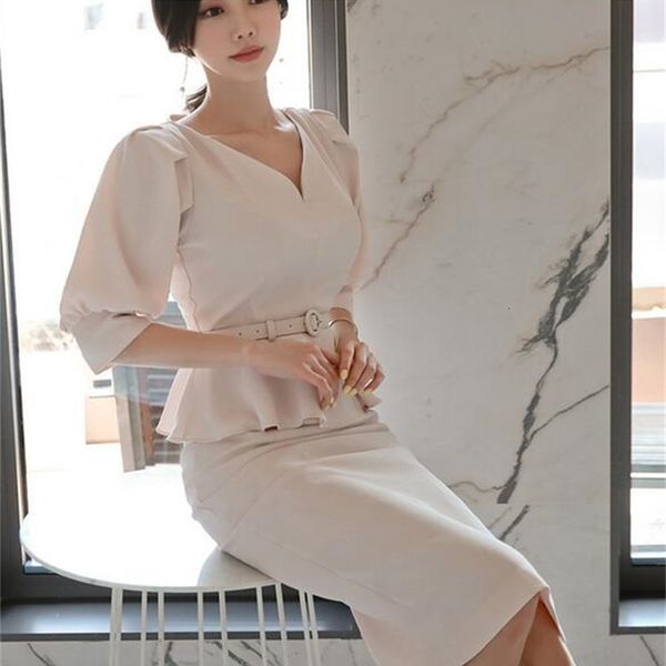 two piece dress summer korean version office lady with v-neck puff sleeves ruffled shirt + skirt suit 7lo1, White
two piece dress summer korean version office lady with v-neck puff sleeves ruffled shirt + skirt suit 7lo1, White