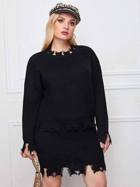 plus drop shoulder distressed sweater & skirt set y7kg#, Black
plus drop shoulder distressed sweater & skirt set y7kg#, Black