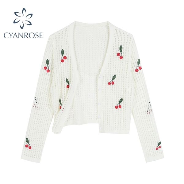summer women long sleeve knitted sweaters korean vintage lovely pink white cherry embroidery knitting cardigan for female 210515
summer women long sleeve knitted sweaters korean vintage lovely pink white cherry embroidery knitting cardigan for female 210515