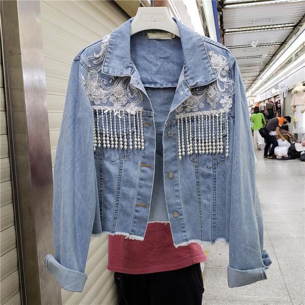 spring and autumn 2021 korean loose short pearl tassel decoration elegant style denim coat for female students women's jackets, Black;brown
spring and autumn 2021 korean loose short pearl tassel decoration elegant style denim coat for female students women's jackets, Black;brown