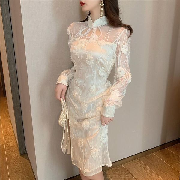 casual dresses fashionable spring lace mid-length cheongsam dress, Black;gray