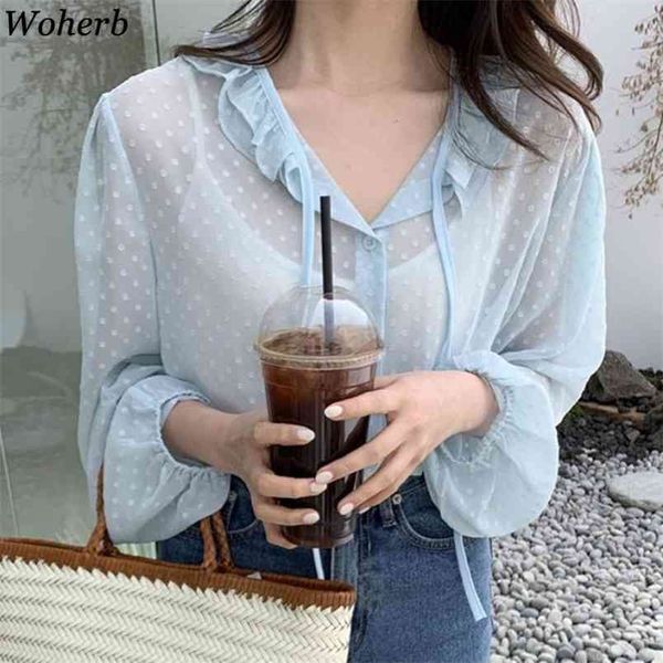 womens korean chic vintage blouses ruffles polka dot shirts summer single breasted see through blusas mujer 210519, White
womens korean chic vintage blouses ruffles polka dot shirts summer single breasted see through blusas mujer 210519, White