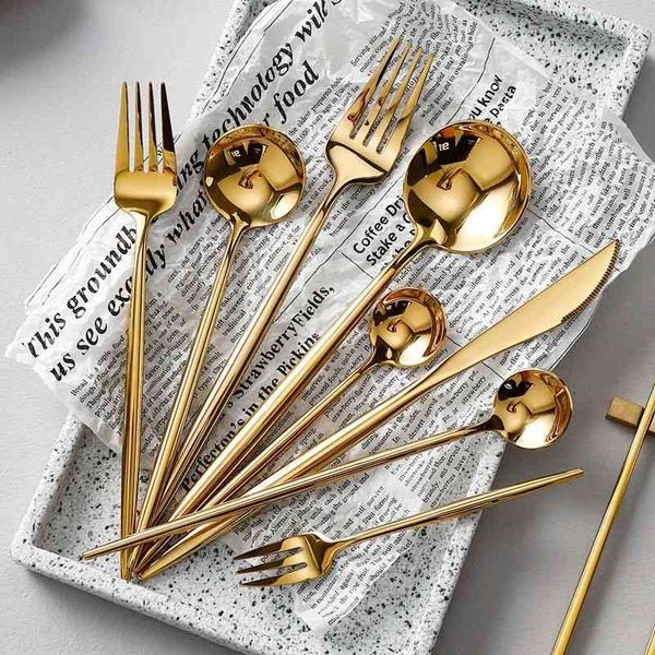 european 304 stainless steel golden portuguese mirror western food knife, fork, spoon, chopsticks four piece steak tableware set
european 304 stainless steel golden portuguese mirror western food knife, fork, spoon, chopsticks four piece steak tableware set