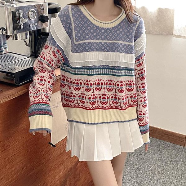 women's sweaters vintage french patchwork sweater women winter long sleeve ruffles knitted elegant korean pull femme, White;black
women's sweaters vintage french patchwork sweater women winter long sleeve ruffles knitted elegant korean pull femme, White;black