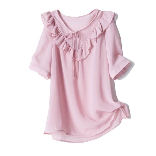 women white pink ruffle solid short sleeve summer chiffon casual shirt blouse b0084 210514
women white pink ruffle solid short sleeve summer chiffon casual shirt blouse b0084 210514