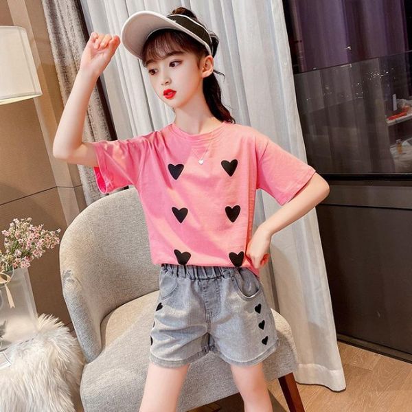 girls clothes sets summer teenager short sleeve t-shirt+denim shorts 2pcs suit kids clothing school children tracksuit, White
girls clothes sets summer teenager short sleeve t-shirt+denim shorts 2pcs suit kids clothing school children tracksuit, White