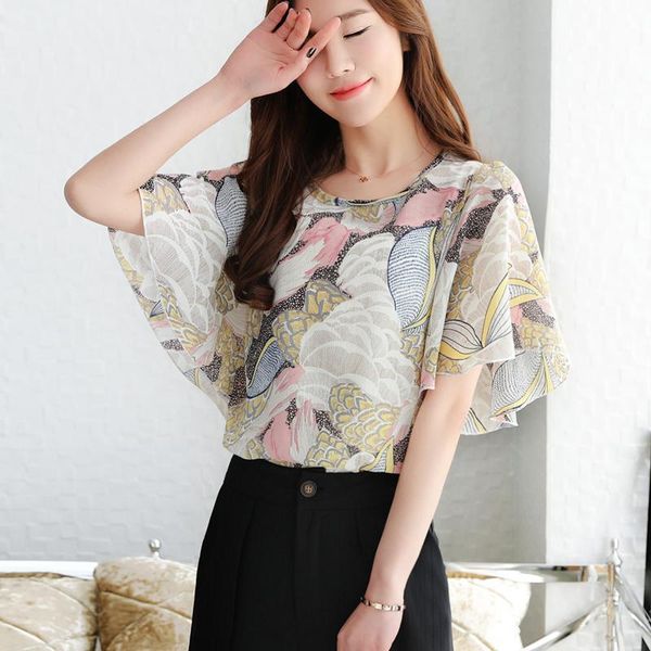 fashion o-neck flower printed ruffled chiffon half sleeve slim women shirts feminino summer casual blusas 876f, White
