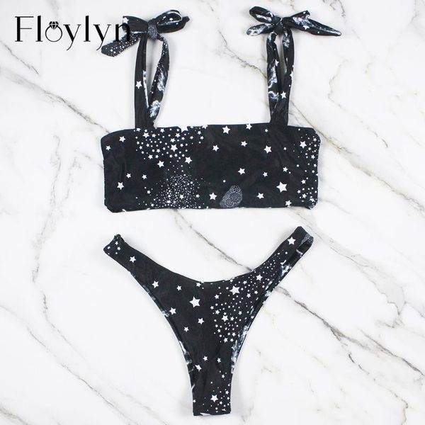 women's swimwear star print bikini set women shoulder knot bandage bikinis double fabric low waist bathing suits with pads, White;black
women's swimwear star print bikini set women shoulder knot bandage bikinis double fabric low waist bathing suits with pads, White;black