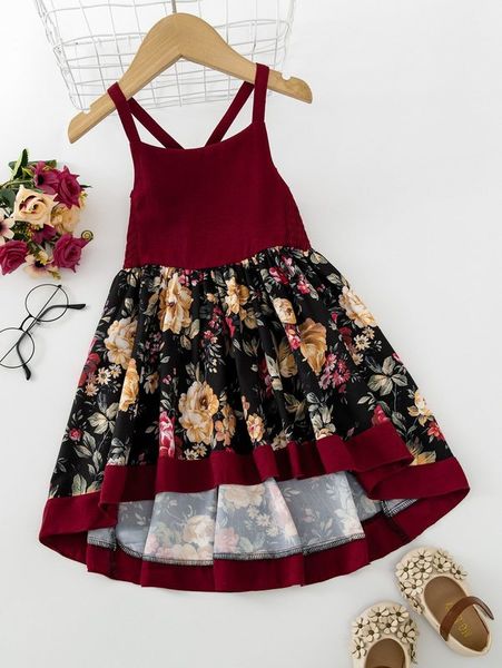 toddler girls floral print high low hem cami dress she, Red;yellow