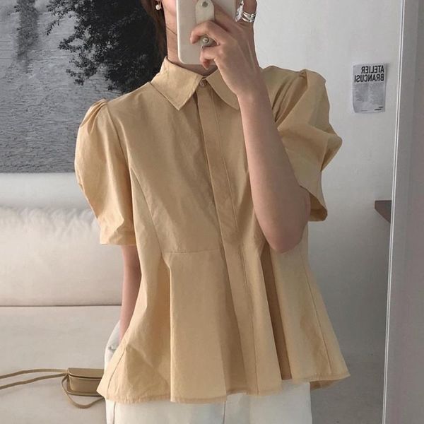 women's polos korean chic summer simple lapel back pleated design loose irregular bubble sleeve shirt, White
women's polos korean chic summer simple lapel back pleated design loose irregular bubble sleeve shirt, White