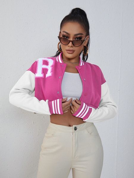 letter patched striped trim drop shoulder crop bomber jacket q0th#, Black;brown
letter patched striped trim drop shoulder crop bomber jacket q0th#, Black;brown