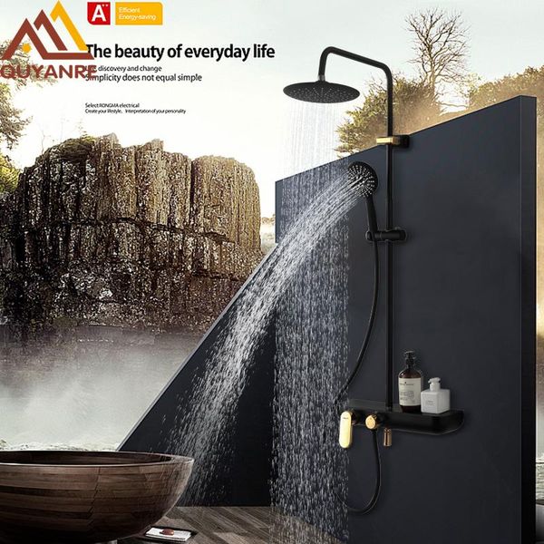 quyanre black gold shower faucets set rainfall head 3-model handshower with swivel tub spout gaint shelf mixer tap bathroom sets
quyanre black gold shower faucets set rainfall head 3-model handshower with swivel tub spout gaint shelf mixer tap bathroom sets