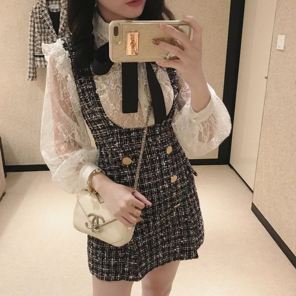 casual dresses autumn winter 2 piece set women ruffles bow shirt lace plaid sleeveless tweed vest double breasted overalls ad2, Black;gray
casual dresses autumn winter 2 piece set women ruffles bow shirt lace plaid sleeveless tweed vest double breasted overalls ad2, Black;gray