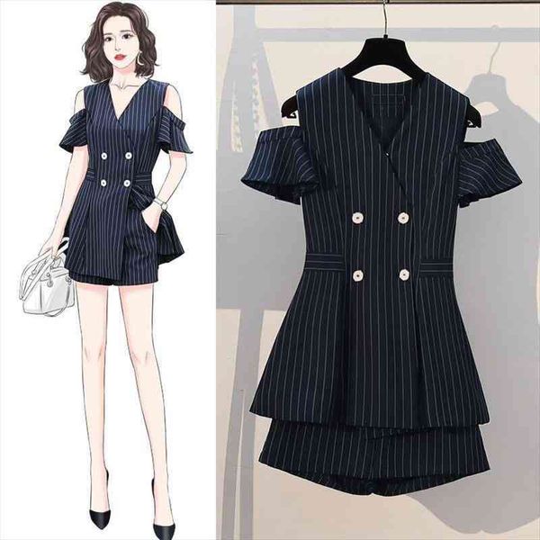 two piece set korean summer striped women summer casual womens double breasted blazer coat shorts elegant work suits, Gray
two piece set korean summer striped women summer casual womens double breasted blazer coat shorts elegant work suits, Gray