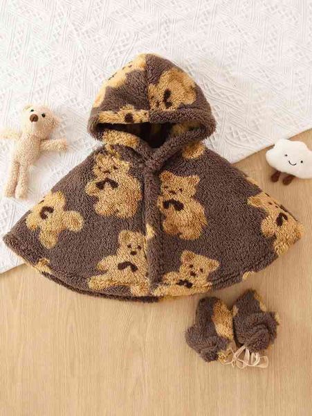 baby cartoon bear hooded cape coat & a pair of gloves she, Blue;gray