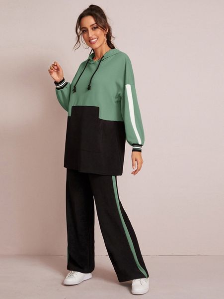 colorblock pocket front hoodie and contrast sideseam pants set 38ab#, White
colorblock pocket front hoodie and contrast sideseam pants set 38ab#, White