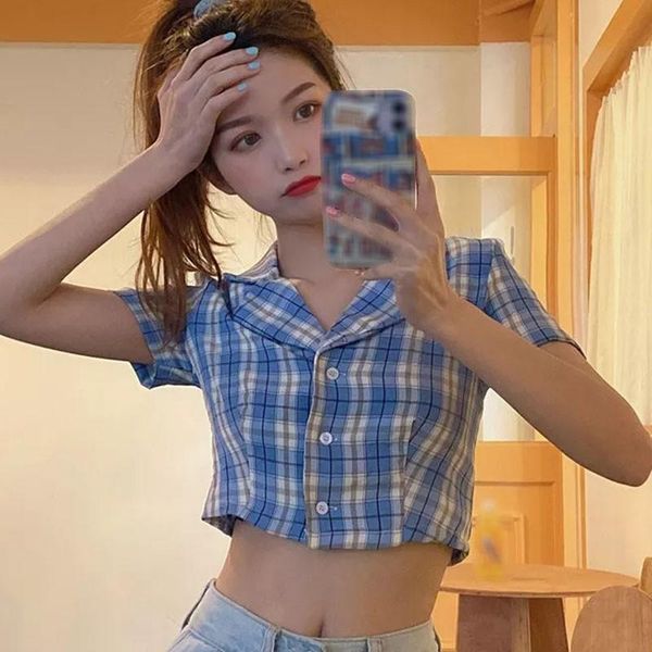 women's and blouses korean version of the college style suit collar plaid exposed navel casual short-sleeved & shirts, White
women's and blouses korean version of the college style suit collar plaid exposed navel casual short-sleeved & shirts, White