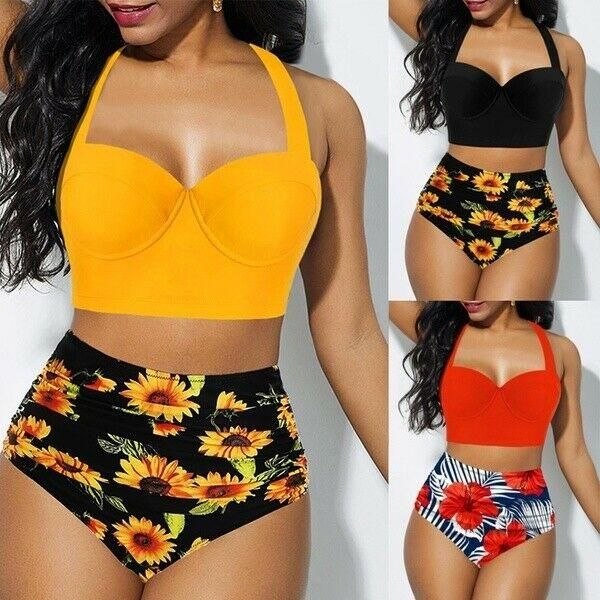 women's swimwear plus size women flower bikini set 2021 high waist push up padded bathing suit swimming summer, White;black