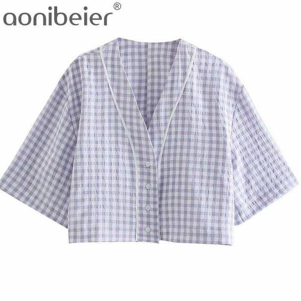 summer short sleeve purple plaid crop white trim v neck button-up women shirts drop shoulder casual blouses 210604
summer short sleeve purple plaid crop white trim v neck button-up women shirts drop shoulder casual blouses 210604