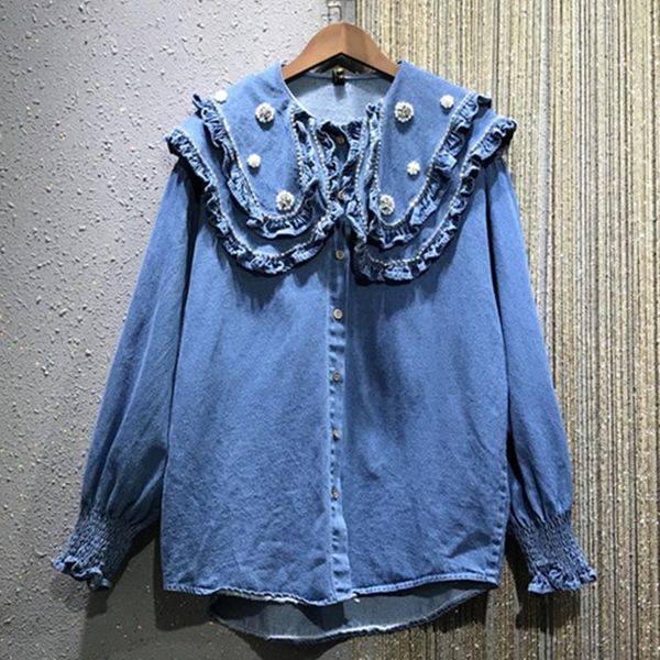 women's blouses & shirts retro lace lapel rhinestone beaded court lantern sleeve thick denim shirt blouse, White
women's blouses & shirts retro lace lapel rhinestone beaded court lantern sleeve thick denim shirt blouse, White