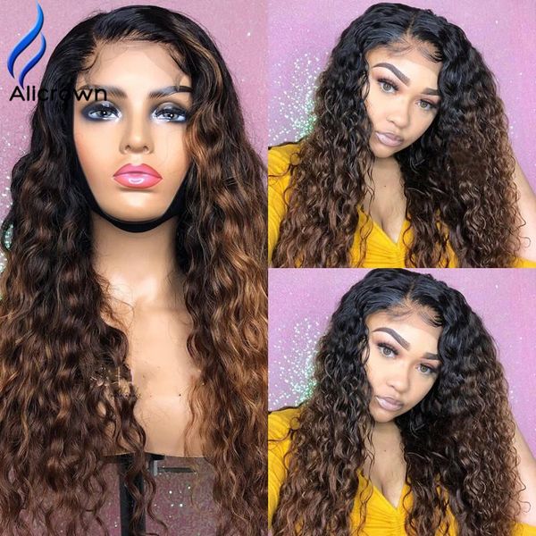 lace wigs alicrown 13x4 highlight ombre curly front human hair brazilian non-remy for women 180% density 8-24, Black;brown