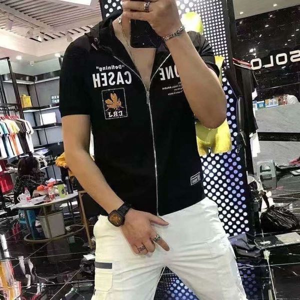 summer alphabet print badge embroidery fashion card casual cardigan with cap short sleeve sweater for men, Black
summer alphabet print badge embroidery fashion card casual cardigan with cap short sleeve sweater for men, Black