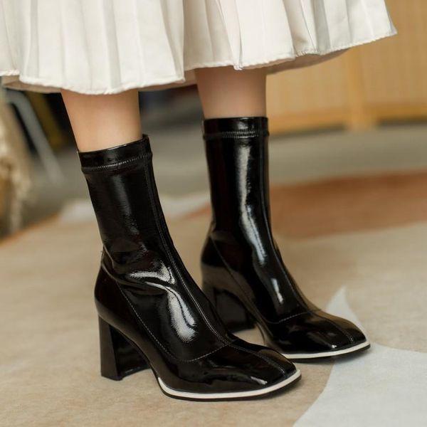 boots womens ankle high heel stretchy faux patent leather retro shoes black white 2022
boots womens ankle high heel stretchy faux patent leather retro shoes black white 2022