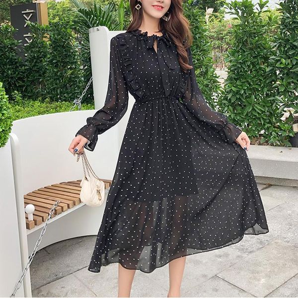 casual dresses elegant dot print flare sleeve women long spring 2021 ruffle patchwork lace-up chiffon dress party ladies black, Black;gray 
casual dresses elegant dot print flare sleeve women long spring 2021 ruffle patchwork lace-up chiffon dress party ladies black, Black;gray