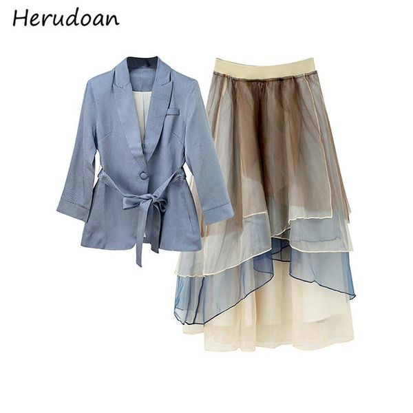 women's tracksuits herudoan fashion designer autumn 2 pieces set women sashes loose and high waist ruffles mesh midi skirts two suits, Gray
women's tracksuits herudoan fashion designer autumn 2 pieces set women sashes loose and high waist ruffles mesh midi skirts two suits, Gray