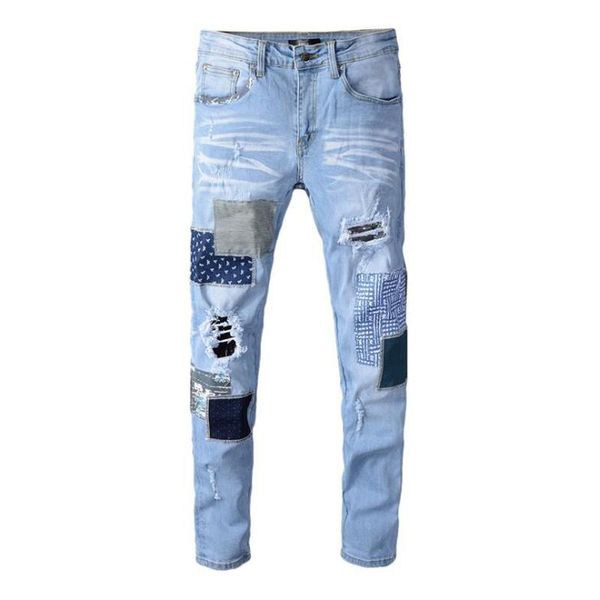 men's jeans male man blue patchwork ripped light holes stretch denim pants patch design trousers high quality
men's jeans male man blue patchwork ripped light holes stretch denim pants patch design trousers high quality