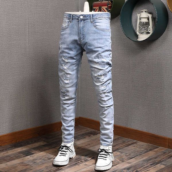 men's jeans korean style fashion retro light blue elastic cotton slim fit ripped for streetwear hip hop denim pants b0d0
men's jeans korean style fashion retro light blue elastic cotton slim fit ripped for streetwear hip hop denim pants b0d0