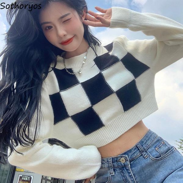 women's sweaters girls pullovers women plaid checkered cropped long sleeve knitwear o-neck warm fashion high street korean vintage, White;black
women's sweaters girls pullovers women plaid checkered cropped long sleeve knitwear o-neck warm fashion high street korean vintage, White;black