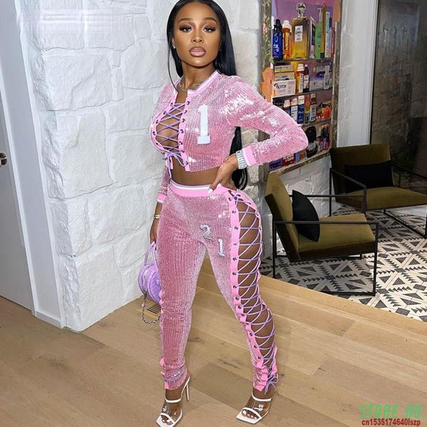 women's two piece pants bandage sequined pant set fashion women lace up long sleeve and suits clubwear matching, White
women's two piece pants bandage sequined pant set fashion women lace up long sleeve and suits clubwear matching, White