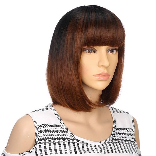 synthetic wigs gres women straight synethic lady medium length ombre brown two tone wig high temperature fiber bob with ful bangs, Black 
synthetic wigs gres women straight synethic lady medium length ombre brown two tone wig high temperature fiber bob with ful bangs, Black