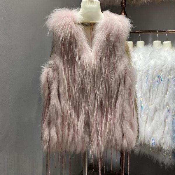 women's fur & faux 2021 winter real white raccoon strip sewed toghter sleeveless coat female v-neck sequined tassel mid-length vest, Black
women's fur & faux 2021 winter real white raccoon strip sewed toghter sleeveless coat female v-neck sequined tassel mid-length vest, Black