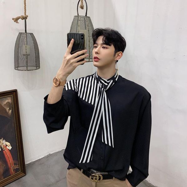 men's casual shirts designer irregular stitching tie stand collar long sleeve shirt asymmetrical fashion show, White;black
men's casual shirts designer irregular stitching tie stand collar long sleeve shirt asymmetrical fashion show, White;black