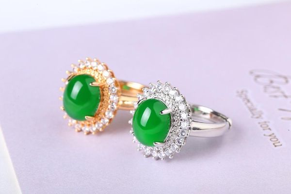 natural green jade ring rose gold emerald silver 925 jewelry women gift cluster rings, Golden;silver