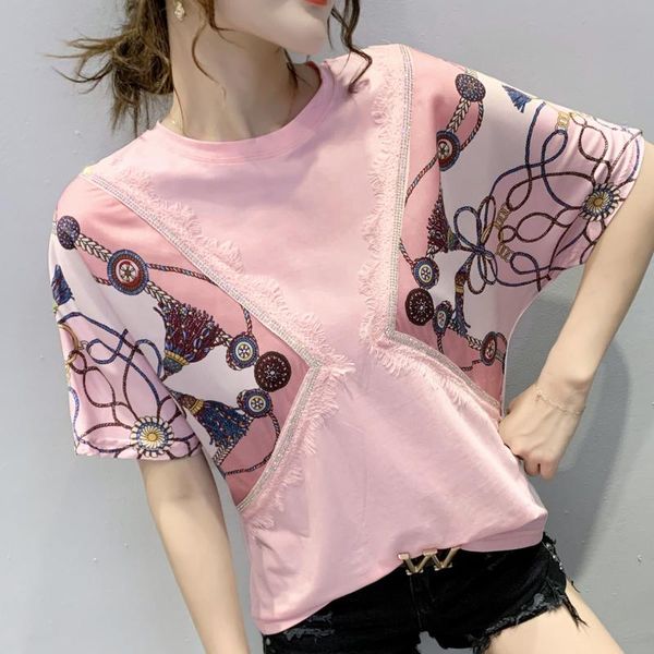 women's t-shirt printed lace stitching diamond short sleeve pink cotton t-shirts female summer korean loose tee shirt poleras de mujer, White
women's t-shirt printed lace stitching diamond short sleeve pink cotton t-shirts female summer korean loose tee shirt poleras de mujer, White