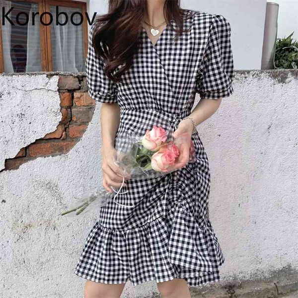 korobov korean chic vintage elegant women dress new fashion v neck puff sleeve plaid dresses ol ruffles summer dress 210430, Black;gray 
korobov korean chic vintage elegant women dress new fashion v neck puff sleeve plaid dresses ol ruffles summer dress 210430, Black;gray