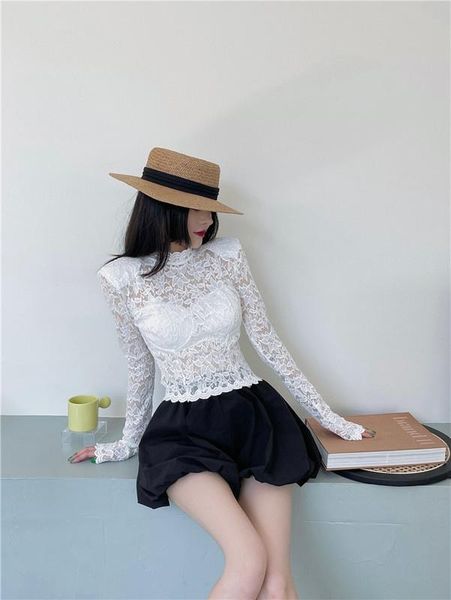 women's t-shirt autumn lace small shirt half-high collar long sleeves base, White 
women's t-shirt autumn lace small shirt half-high collar long sleeves base, White