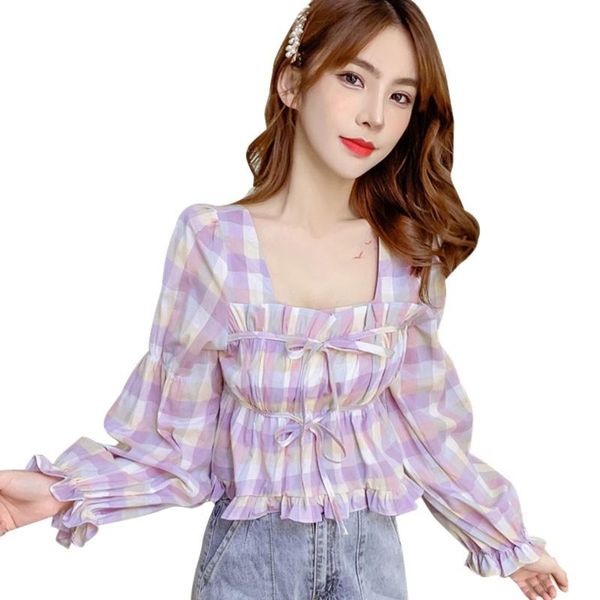summer puff sleeve women's plaid color matching square collar sweet short section exposed navel long shirt blouses & shirts, White
summer puff sleeve women's plaid color matching square collar sweet short section exposed navel long shirt blouses & shirts, White