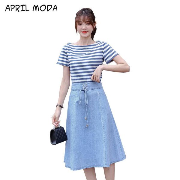 summer stripe print o neck t-shirt high waist jean skirt lace patchwork two piece sets casual female suit skirts 2021 dress, White 
summer stripe print o neck t-shirt high waist jean skirt lace patchwork two piece sets casual female suit skirts 2021 dress, White