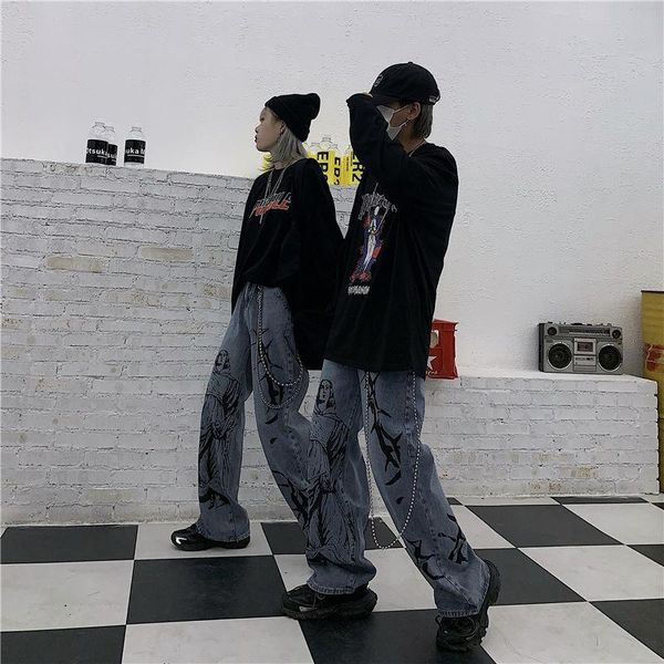 women's jeans houzhou harajuku hippie denim trousers streetwear print women korean style wide leg pants vintage oversize loose, Blue
women's jeans houzhou harajuku hippie denim trousers streetwear print women korean style wide leg pants vintage oversize loose, Blue